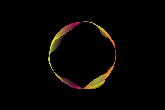 An abstract design with wavy rainbowcolored lines forming a circle Includes a central space
