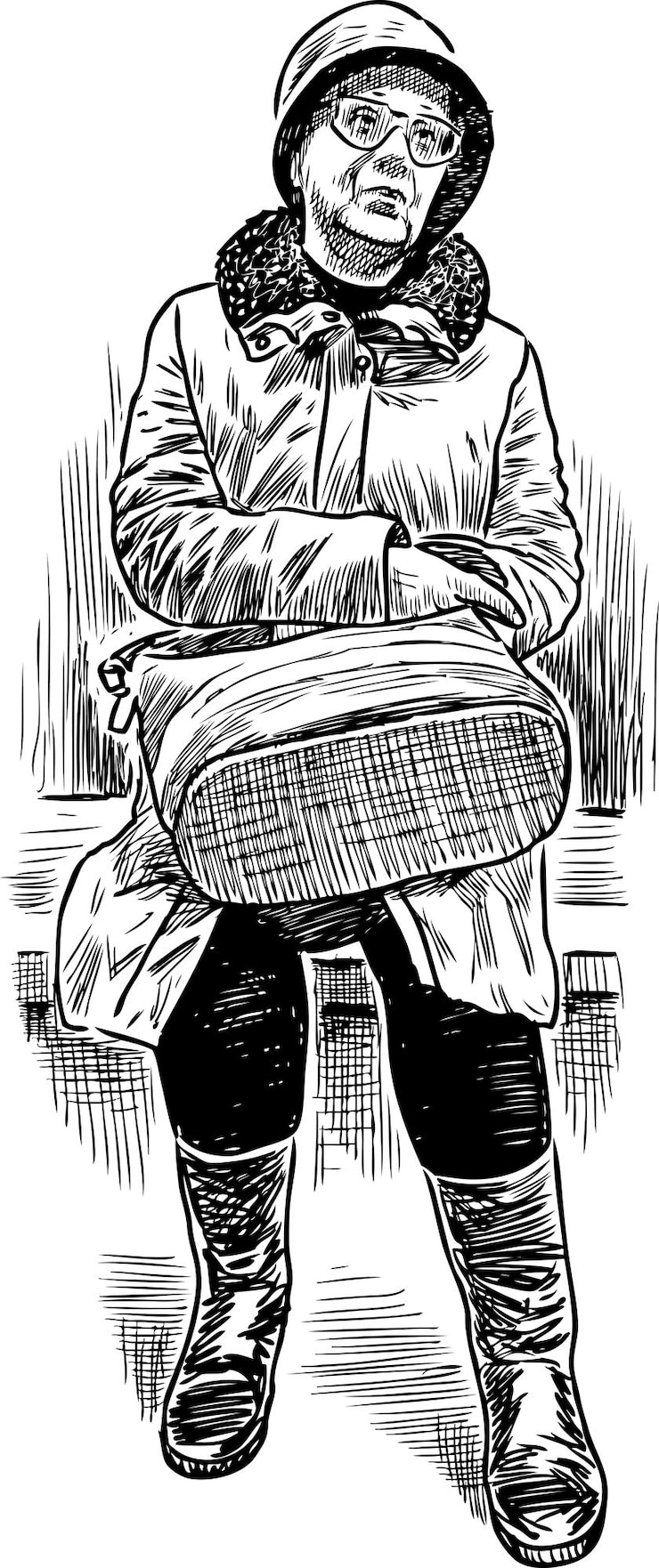 Vektör an elderly woman sits on a park bench