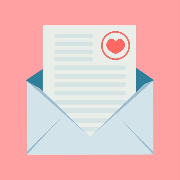 An envelope with a romantic love message and a pink heart in the corner