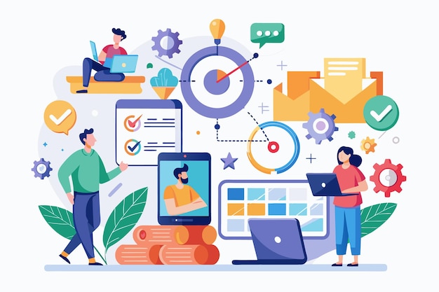 an illustration depicting a team of people collaborating on a project with charts checkmarks and laptops