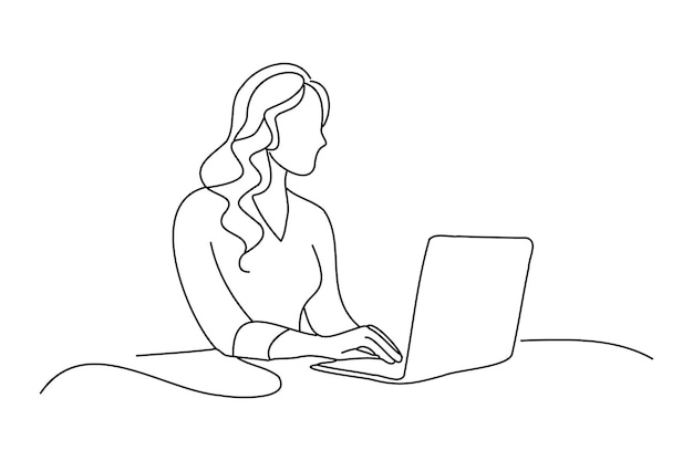An illustration of a woman at her desk focused on her laptop screen continuous line art vector