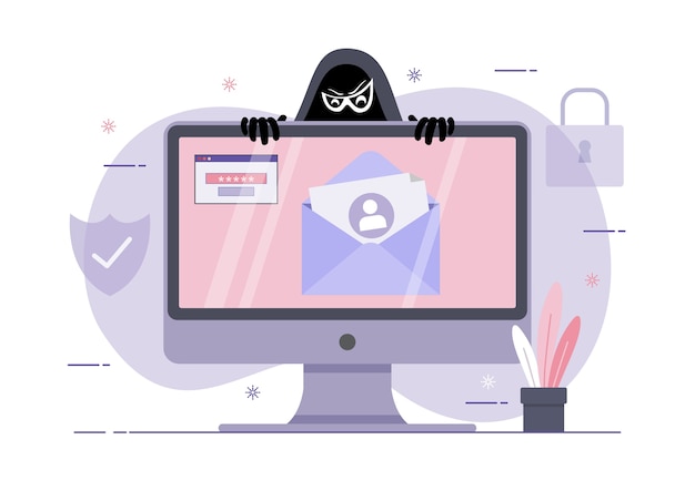 An illustration of Phishing scam, hacker attack on desktop computer. Attack hacker to data, phishing and hacking crime