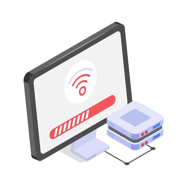 An isometric icon of a computer monitor displaying a WiFi connection
