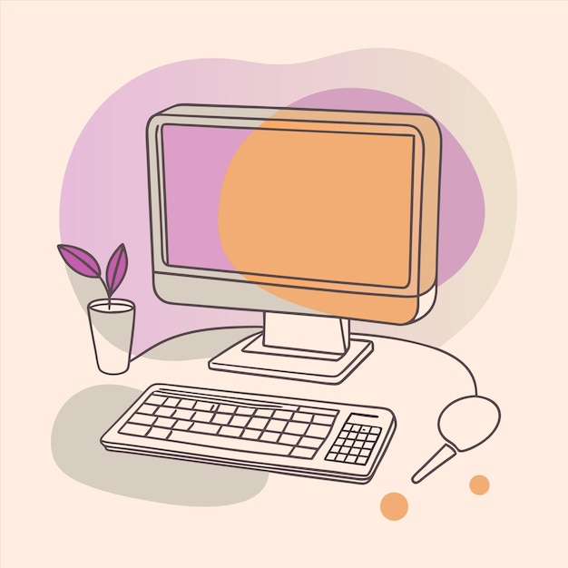an old computer monitor and keyboard are shown with a pink background