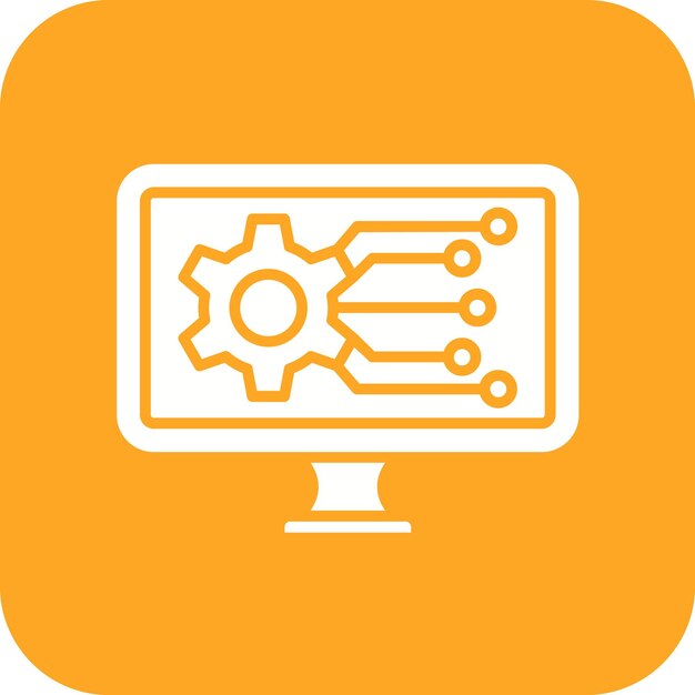 an orange background with a computer monitor and gears