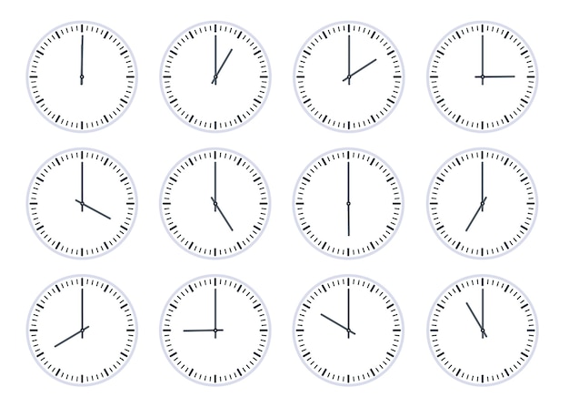 analog circle clock show time every hour icon. flat watch face with 12 oclock, timer animation. wall clocks one to twelve hours vector set