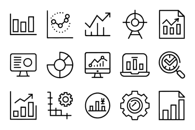 analysis infographic related editable stroke outline icons set isolated flat vector illustration on white background