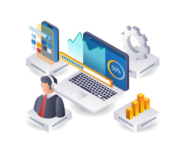 Analysis of technology business development infographics 3d flat isometric illustration