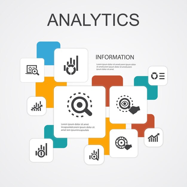 Analytics Infographic 10 line icons template.linear graph, web research, trend, monitoring simple icons