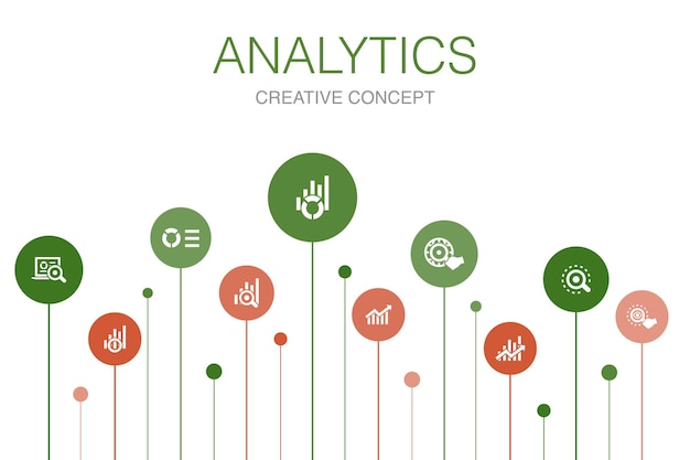 Analytics Infographic 10 steps template.linear graph, web research, trend, monitoring simple icons