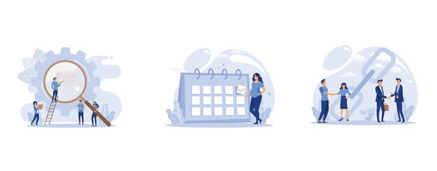 analyze data, pregnant woman expecting childbirth looking at the calendar, handshake concept, set