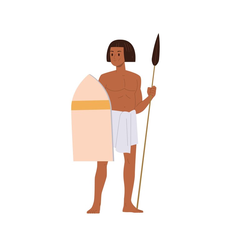 Vektör ancient egyptian warrior cartoon character holding shield and spear weapon isolated on white