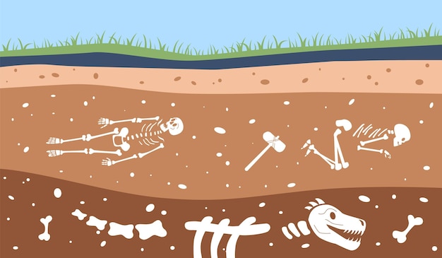 ancient remains bones fossil underground skeleton in earth archeology or paleontology science historical discovering recent vector concept