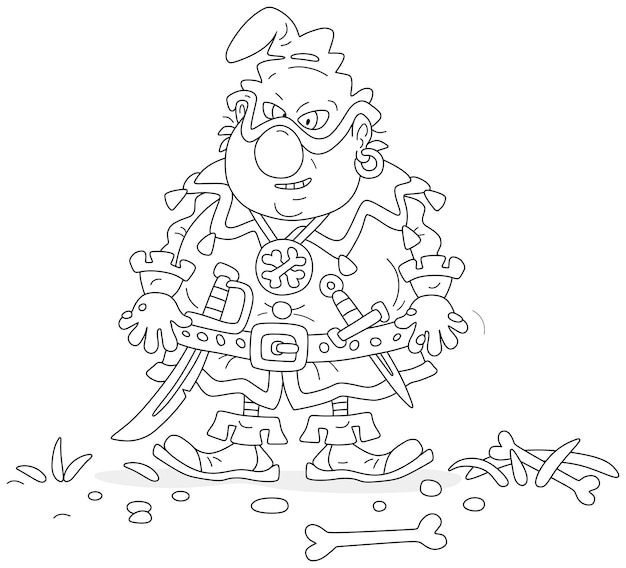 Angry cruel ogre with a sharp sabre and dagger on his belt walking among bones along a forest path