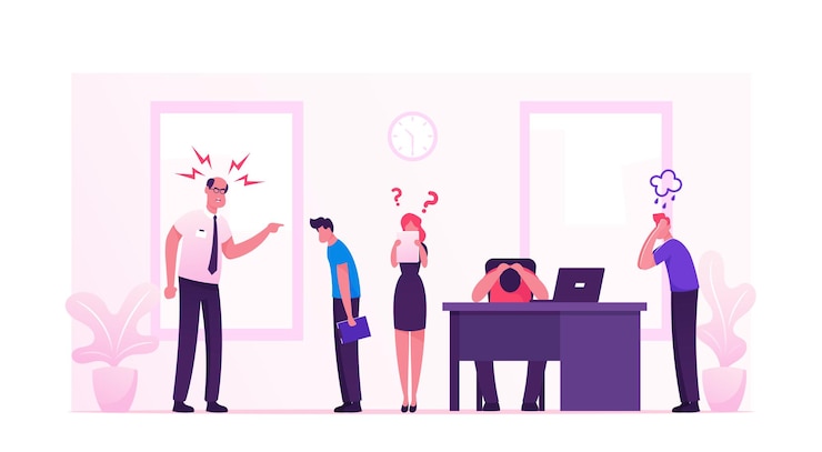Vektor angry furious boss character yelling at office employees. cartoon flat illustration