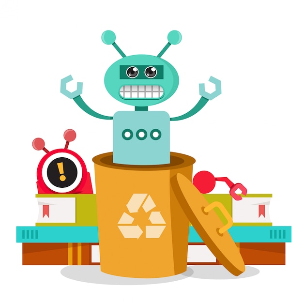 angry robot in garbage dump