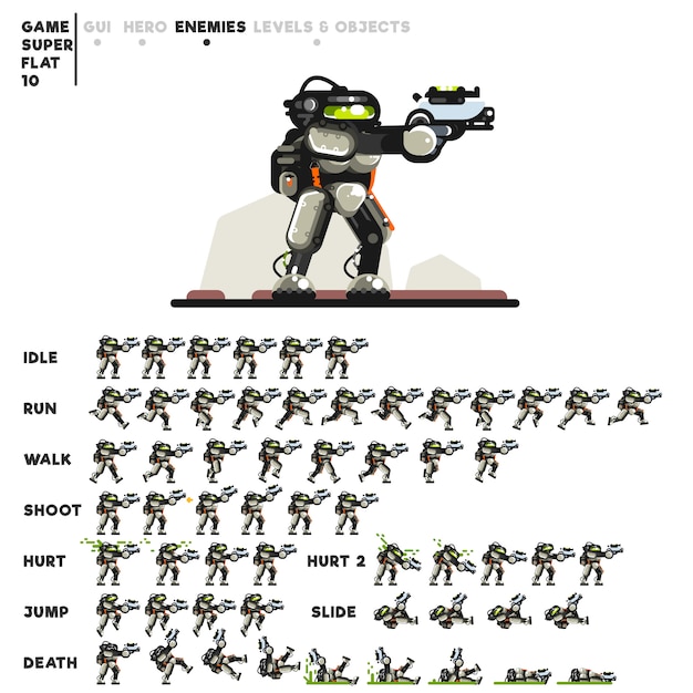 animation of a robot with a pistol for creating a video game