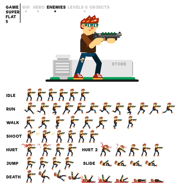 Animation of a young skinny guy with a shotgun for creating a video game