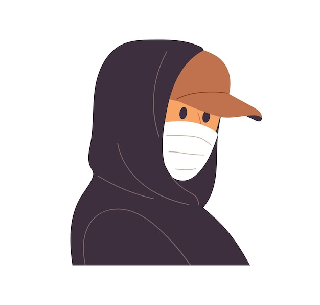 Anonymous person wearing medical mask, cap, hood. Incognito hiding face. Secret suspicious man portrait. Unrecognized unidentified human. Flat vector illustration isolated on white background.