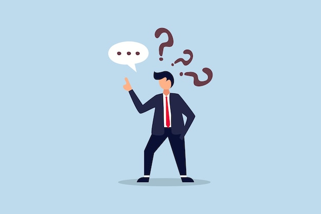 Answer business question determination businessman comes out from question mark sign to answer question