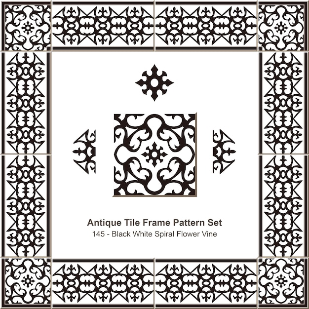 Antique tile frame pattern set Black White Spiral Flower Vine
