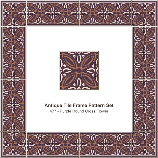 Antique tile frame pattern set Retro Purple Round Cross Flower