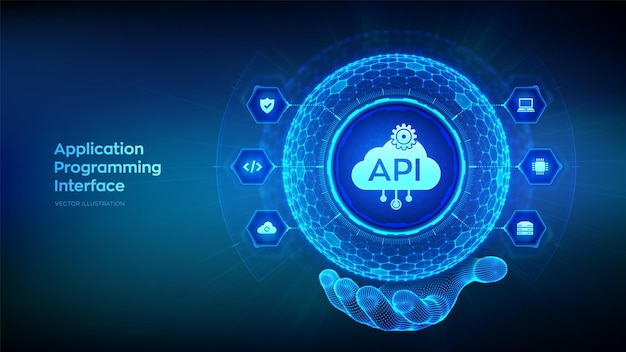 API Application Programming Interface i form av sfär med hexagonalt rutnätsmönster i trådram Hand för mjukvaruutvecklingsverktyg molnbaserad datateknikkoncept Vektorillustration