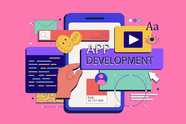 app development concept in flat neo brutalism design for web application programming and software user interface creation process vector illustration for social media banner marketing material