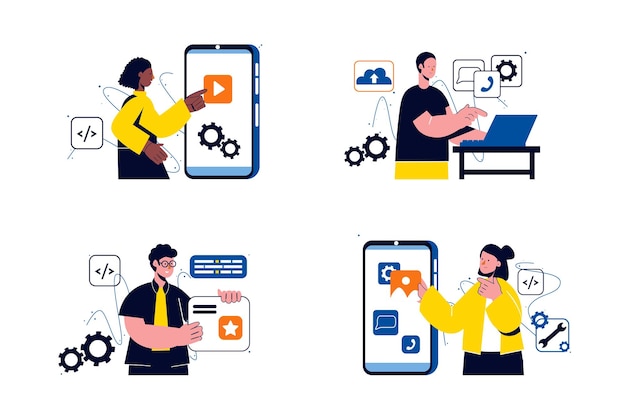 app development concept with people four scenes in the flat cartoon design workers create configure