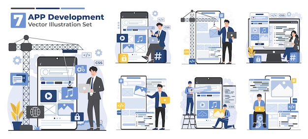 app development illustration set concept Application development set with developer programmer web