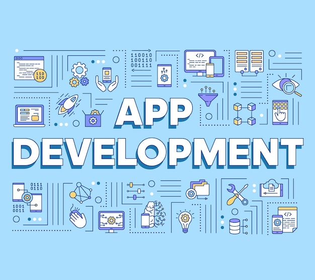 App development word concepts banner. Mobile software coding. Computer programming language. Presentation, website. Isolated lettering typography idea with linear icons. Vector outline illustration
