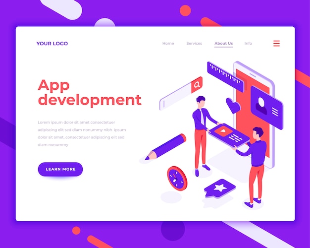 App udvikling teamwork folk og interagerer med mobiltelefon isometrisk vektor illustration