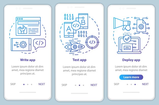 Application development onboarding mobile app page screen vector template. Software programming. Walkthrough website steps with linear illustrations. UX, UI, GUI smartphone interface concept