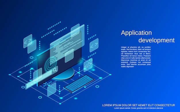 Applikationsudvikling flad 3D isometrisk vektor koncept illustration
