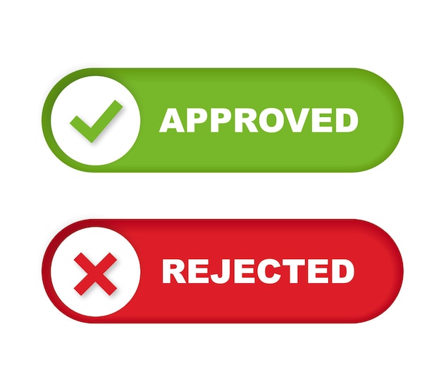 Approved and rejected vector signs. Right and wrong button. Green check mark yes and red cross.