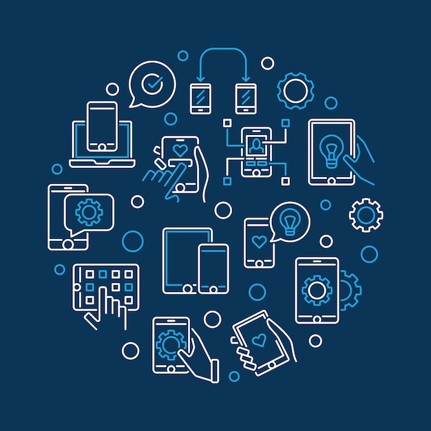 apps and mobile app development vector round line illustration