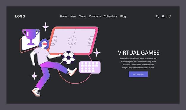 Ar and vr gaming concept person immersed in virtual reality kicks a soccer ball goal and trophy