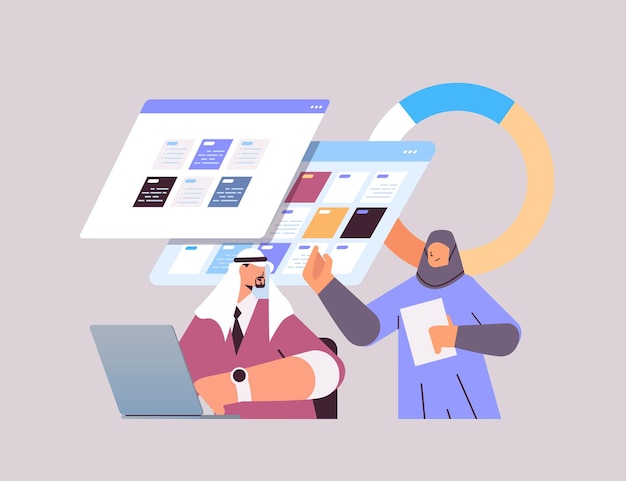 arab businesspeople planning day scheduling appointment in online calendar app agenda meeting plan time management deadline concept portrait vector illustration