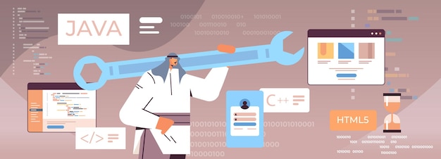 arab man programmer holding wrench developer optimizes software engineering coding programming testing code concept horizontal portrait vector illustration