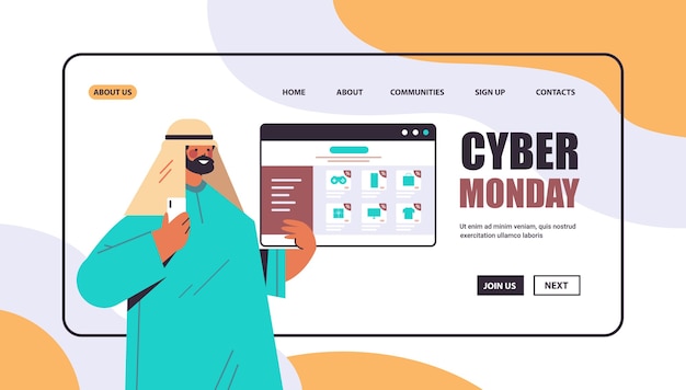 arab man using smartphone choosing goods online shopping cyber monday big sale concept portrait  copy space