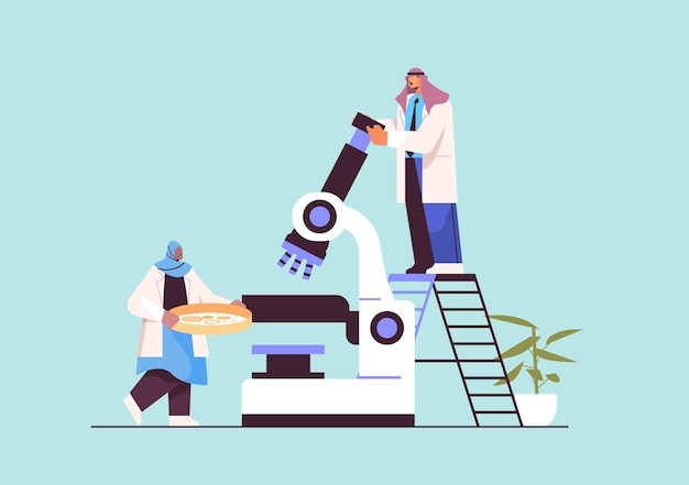 arab research scientist team working with microscope researchers making chemical experiment in laboratory molecular engineering concept horizontal full length vector illustration