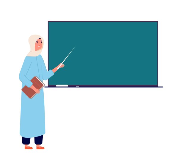 Arab woman teacher. Muslim businesswoman at blackboard, islamic school office. Cartoon female in hijab teaching students vector illustration. Teacher arab woman in hijab show to blackboard