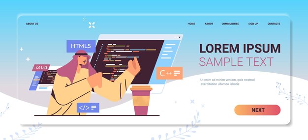 Arabisk programmør skriver kode til computer app, engineering software kodning programmeringssprog applikationsdesign koncept portræt vandret kopi plads vektorillustration