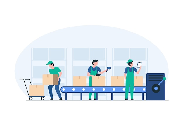 Arbetare som lastar lådor på ett transportband Lagerverksamhet Materialhantering Transportbandssystem Industriell automation Packningslinje Logistik illustration