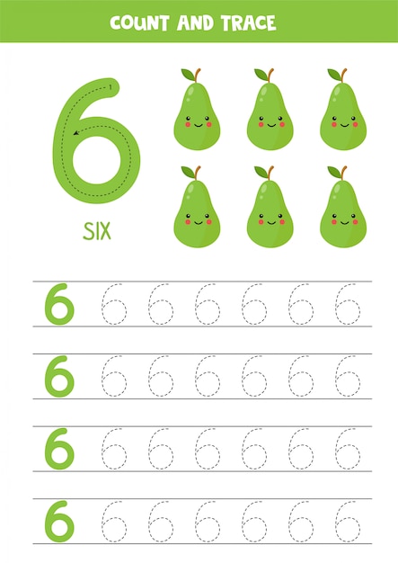 Arbetsblad för att lära sig siffror med söta kawaii-päron. Siffran sex.