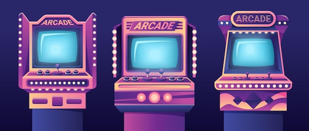 Arcade game machines set isolated on black background vector cartoon illustration of retro computer