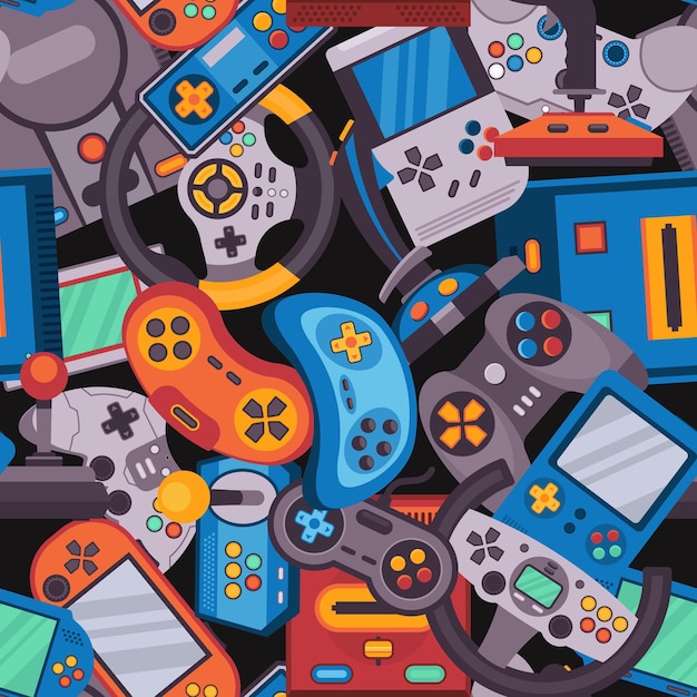 Arcade game pattern Seamless print of vintage video console cartoon style retro videogame controller joystick device elements for textile design Vector texture
