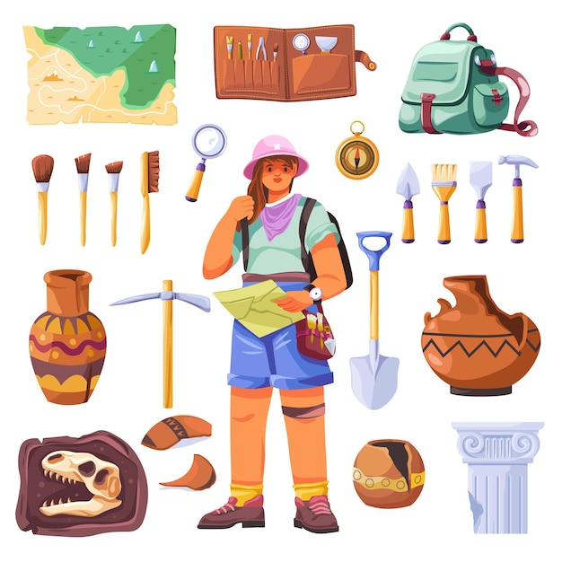 archaeologist tools archeologist with archaeological artifacts and instruments paleontology explorer digging tool brush map excavation fossil research recent vector illustration