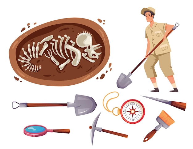 Archaeologists excavating dinosaur fossil triceratops concept set Graphic design element