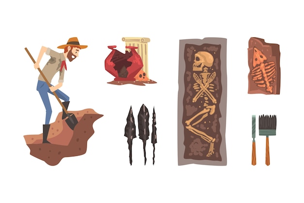 Archaeologists excavating historical artifacts exploring remains of ancient people set cartoon vector illustration